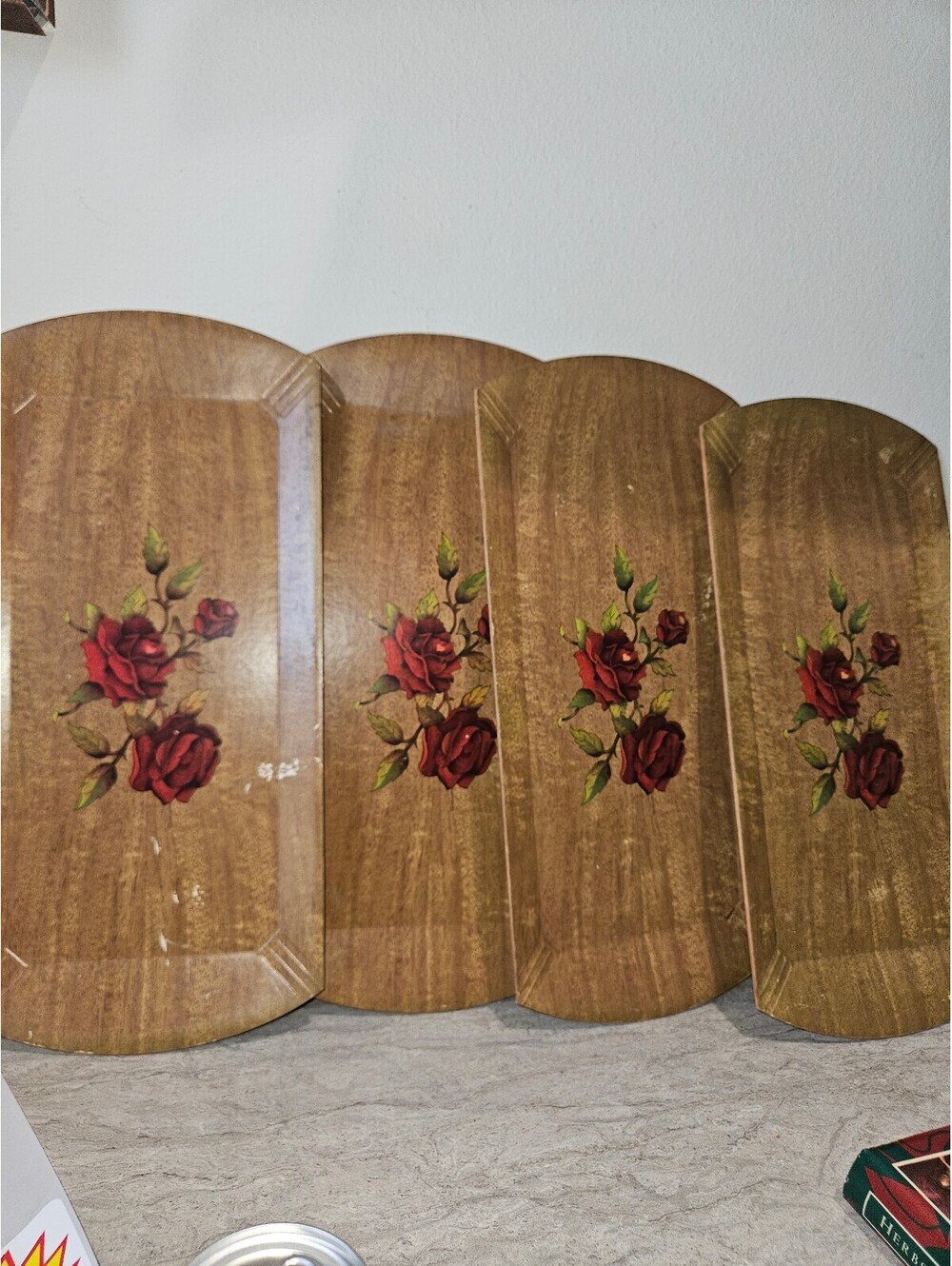 Vintage Wooden Serving Trays with Red Rose Design Set of 4